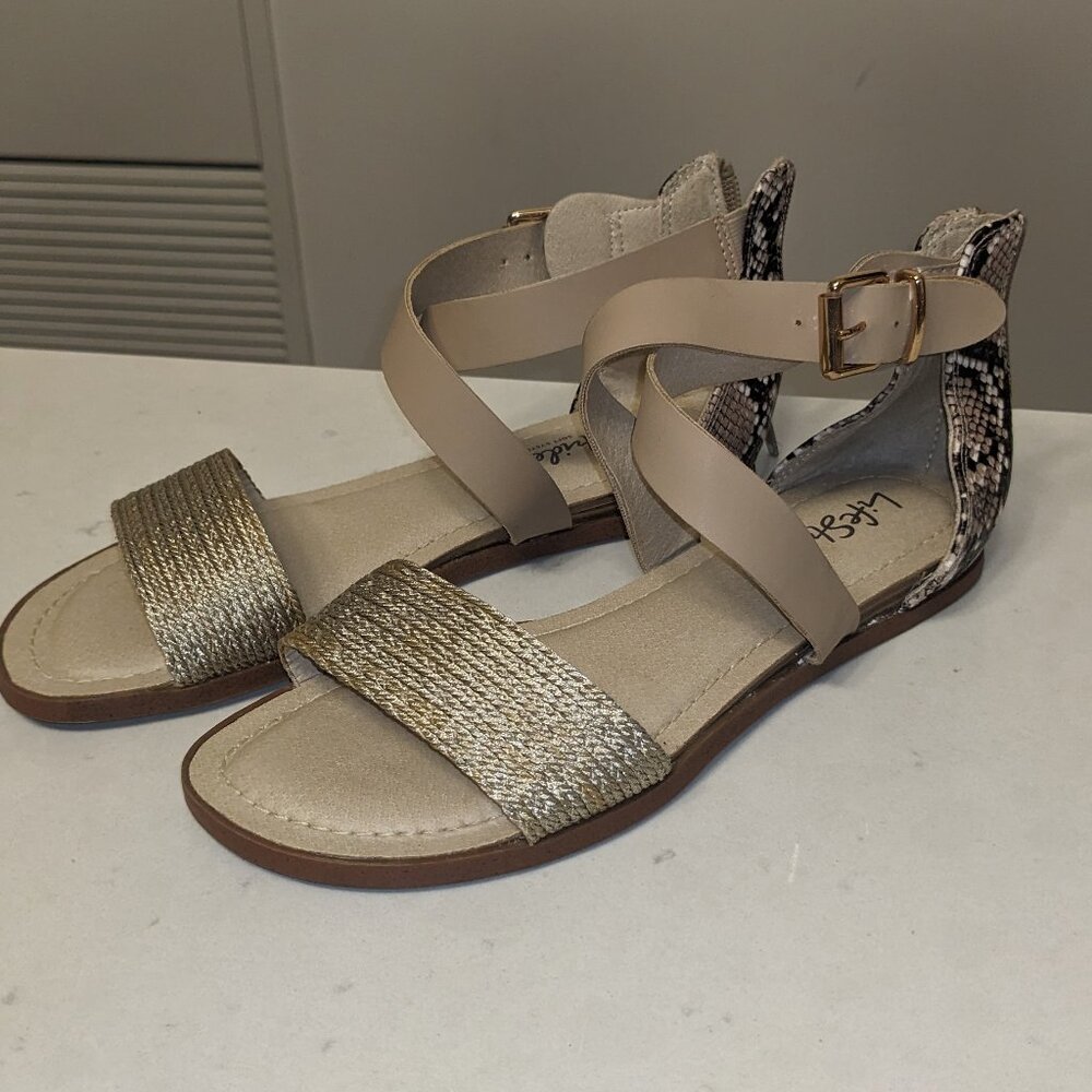 LifeStride "Soft System" Gold, Beige, Snakeskin Print Ankle Strap Flat Sandals